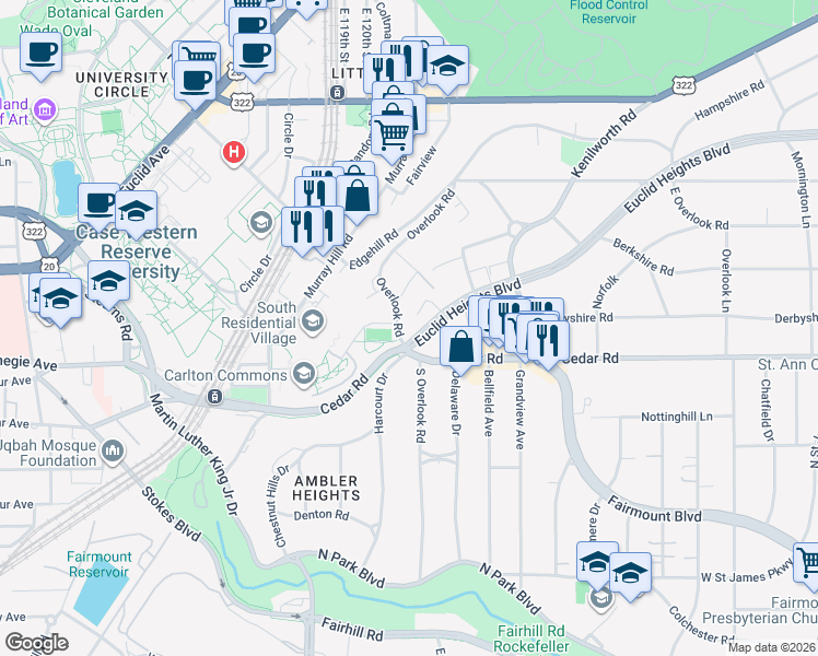 map of restaurants, bars, coffee shops, grocery stores, and more near 2330 Euclid Heights Boulevard in Cleveland