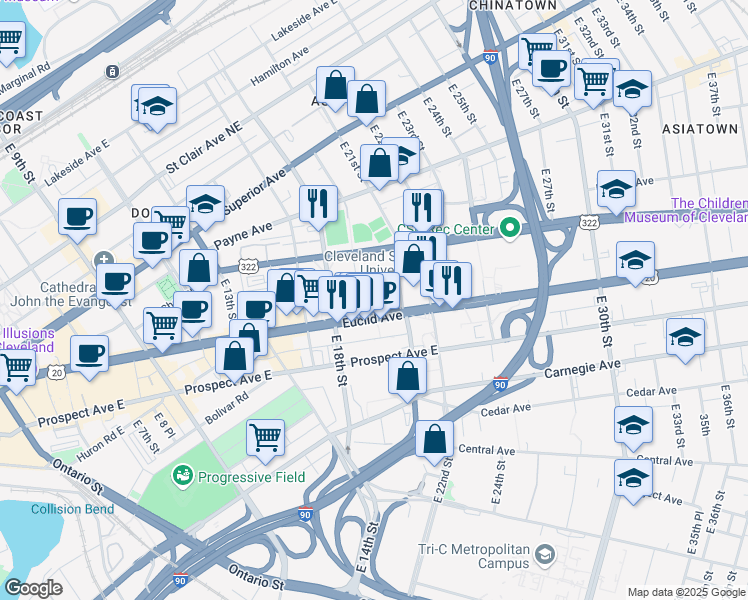 map of restaurants, bars, coffee shops, grocery stores, and more near 2051 Euclid Avenue in Cleveland