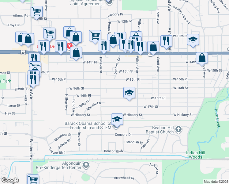 map of restaurants, bars, coffee shops, grocery stores, and more near 470 West 16th Street in Chicago Heights