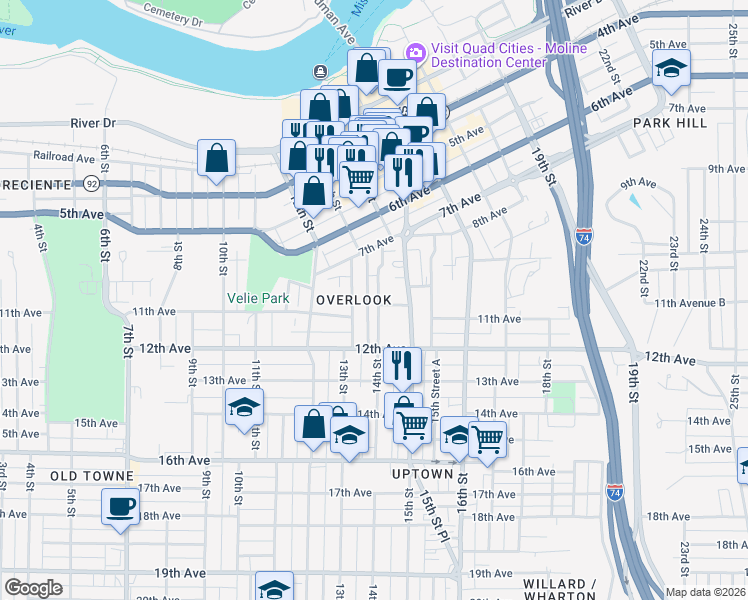 map of restaurants, bars, coffee shops, grocery stores, and more near 1015 14th Street in Moline