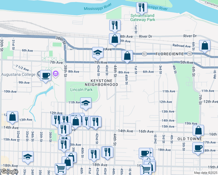 map of restaurants, bars, coffee shops, grocery stores, and more near 909 43rd Street in Rock Island