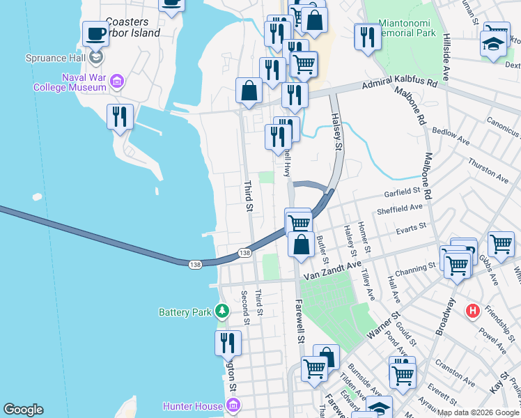 map of restaurants, bars, coffee shops, grocery stores, and more near 7 Dyers Gate Road in Newport