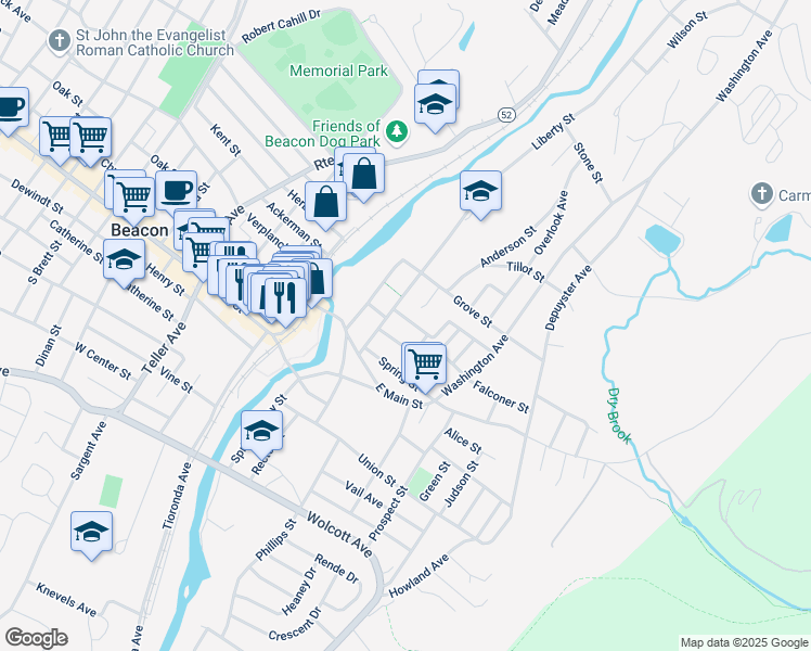 map of restaurants, bars, coffee shops, grocery stores, and more near 25 Masters Pl in Beacon