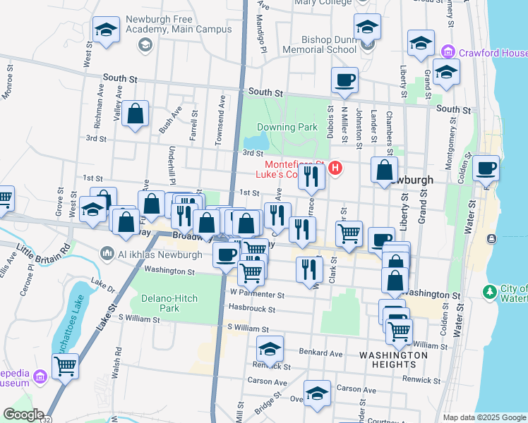 map of restaurants, bars, coffee shops, grocery stores, and more near 38 Concord St in Newburgh