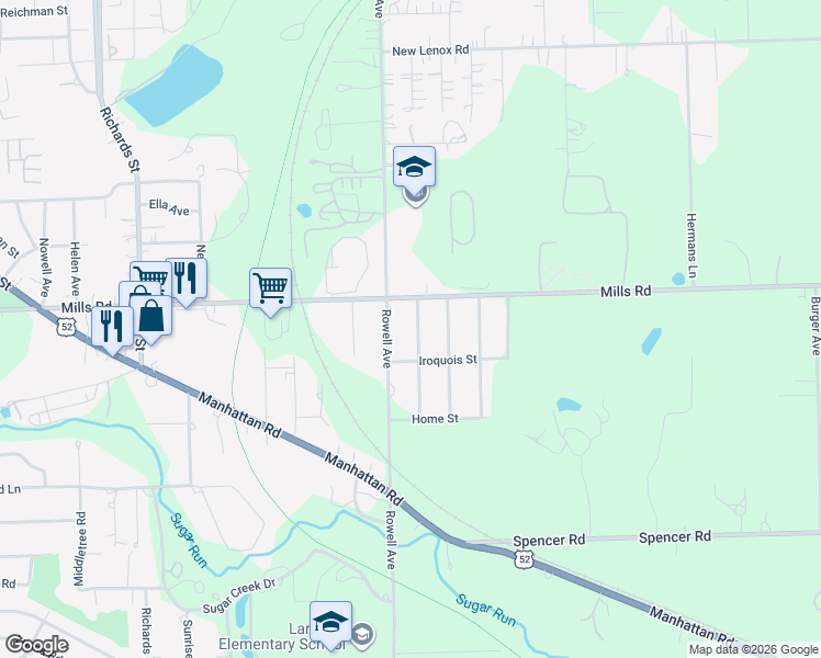 map of restaurants, bars, coffee shops, grocery stores, and more near 1217 Chippewa Street in Joliet