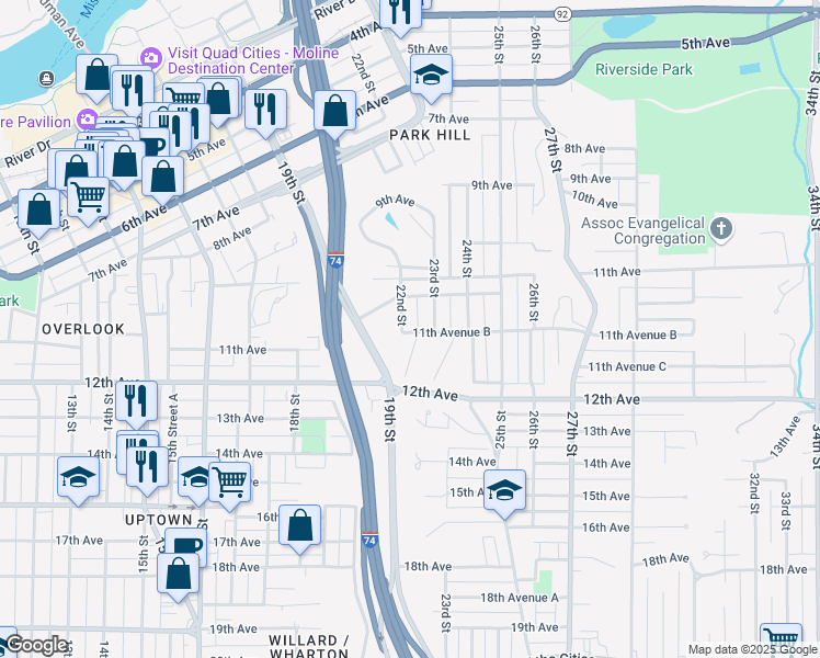 map of restaurants, bars, coffee shops, grocery stores, and more near 1146 22nd Street in Moline