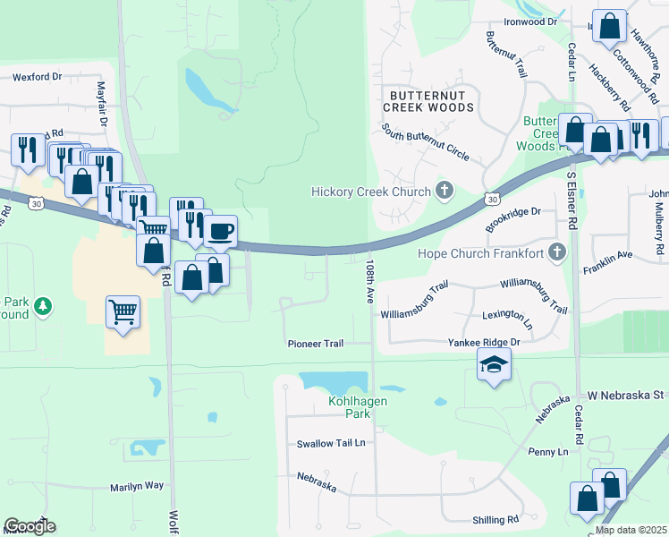 map of restaurants, bars, coffee shops, grocery stores, and more near 21345 Settlers Pond Drive in Frankfort