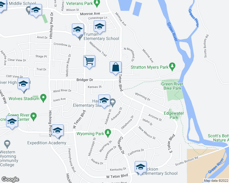map of restaurants, bars, coffee shops, grocery stores, and more near 1230 South Dakota Street in Green River