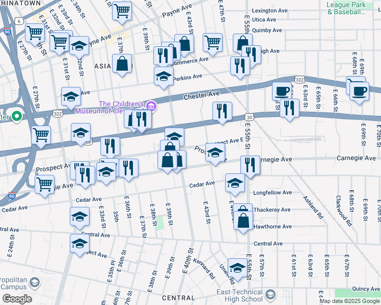 map of restaurants, bars, coffee shops, grocery stores, and more near 4208 Prospect Avenue East in Cleveland