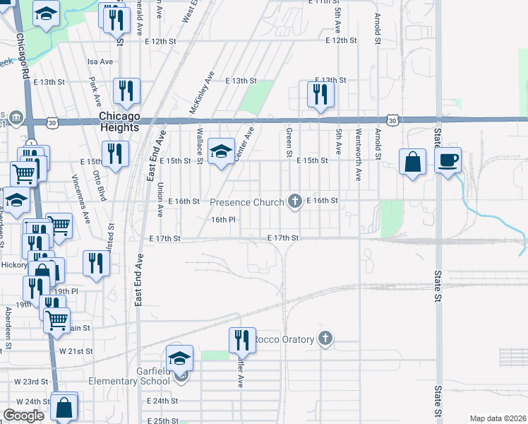 map of restaurants, bars, coffee shops, grocery stores, and more near 1613 Hanover Street in Chicago Heights