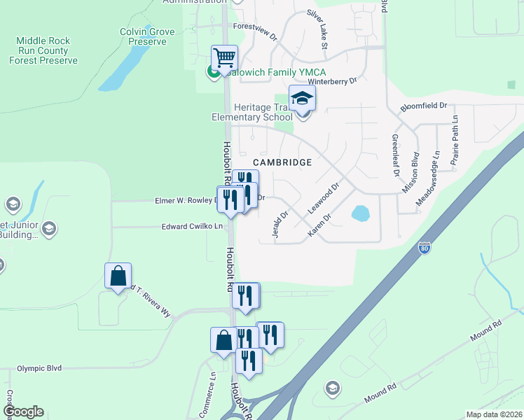 map of restaurants, bars, coffee shops, grocery stores, and more near 1102 Loren Drive in Joliet
