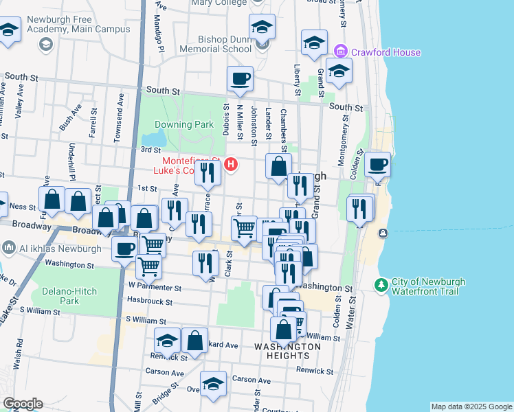 map of restaurants, bars, coffee shops, grocery stores, and more near 52 Johnston Street in Newburgh