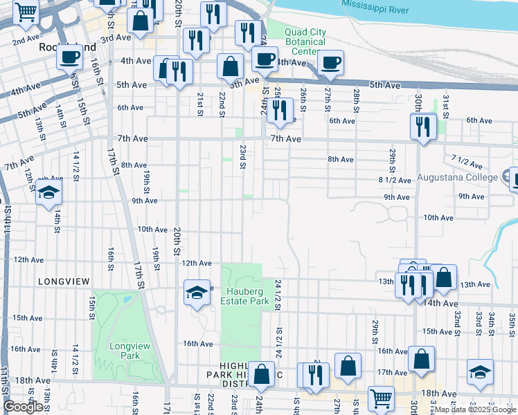 map of restaurants, bars, coffee shops, grocery stores, and more near 910 24th Street in Rock Island