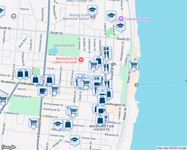 map of restaurants, bars, coffee shops, grocery stores, and more near 50 Lander Street in Newburgh