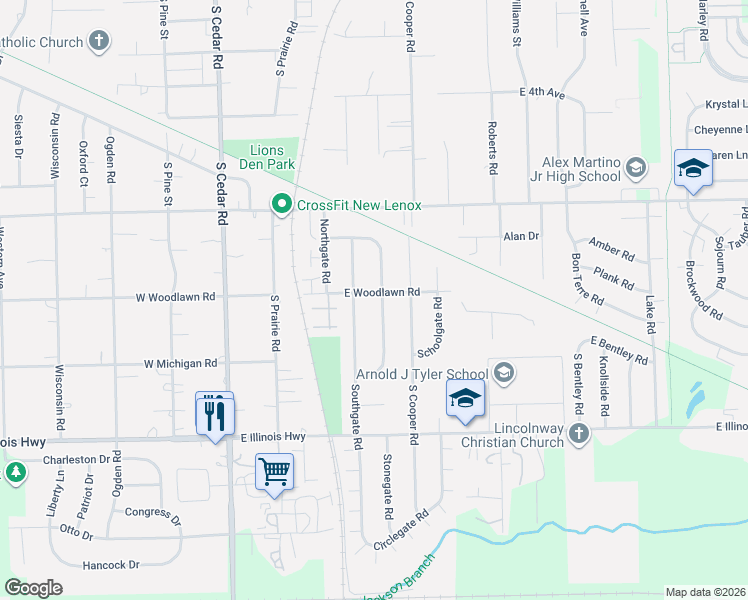 map of restaurants, bars, coffee shops, grocery stores, and more near 400 East Woodlawn Road in New Lenox