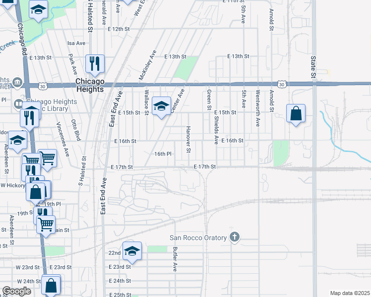 map of restaurants, bars, coffee shops, grocery stores, and more near 1612 Hanover Street in Chicago Heights