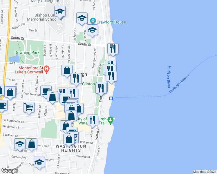 map of restaurants, bars, coffee shops, grocery stores, and more near 14 Front Street in Newburgh