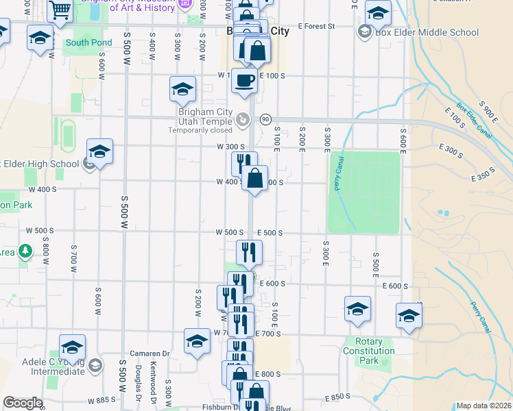 map of restaurants, bars, coffee shops, grocery stores, and more near 445 South Main Street in Brigham City