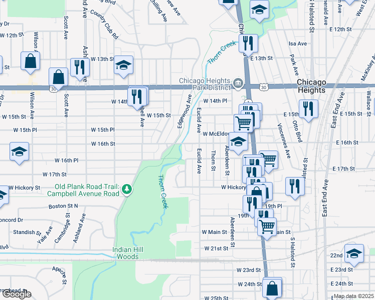 map of restaurants, bars, coffee shops, grocery stores, and more near 120 West 16th Street in Chicago Heights