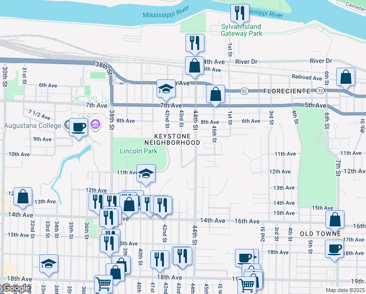 map of restaurants, bars, coffee shops, grocery stores, and more near 909 43rd Street in Rock Island
