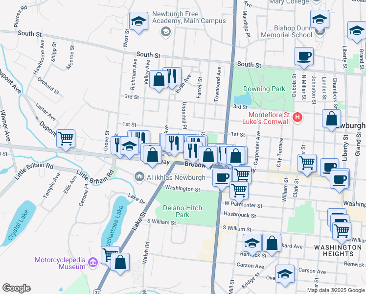 map of restaurants, bars, coffee shops, grocery stores, and more near 172 Van Ness Street in Newburgh