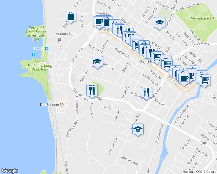 map of restaurants, bars, coffee shops, grocery stores, and more near 15-21 Forrestal Heights in Beacon