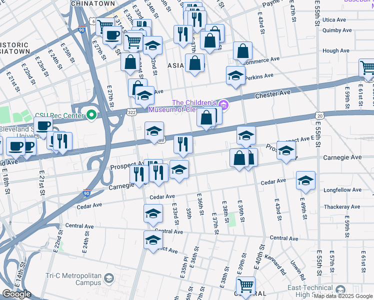 map of restaurants, bars, coffee shops, grocery stores, and more near 3501 Prospect Avenue East in Cleveland