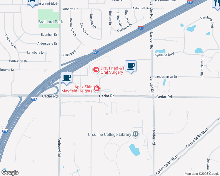 map of restaurants, bars, coffee shops, grocery stores, and more near 455 Hollyhock Court in Mayfield Heights