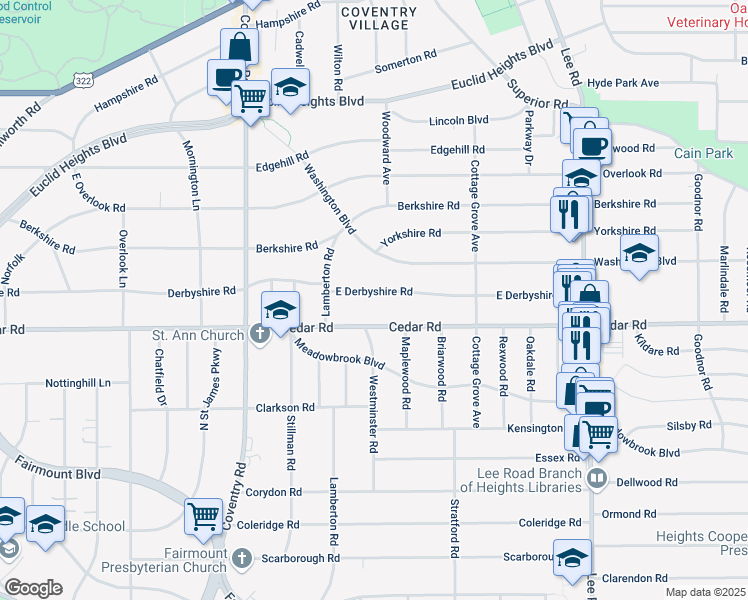 map of restaurants, bars, coffee shops, grocery stores, and more near 2948 East Derbyshire Road in Cleveland Heights