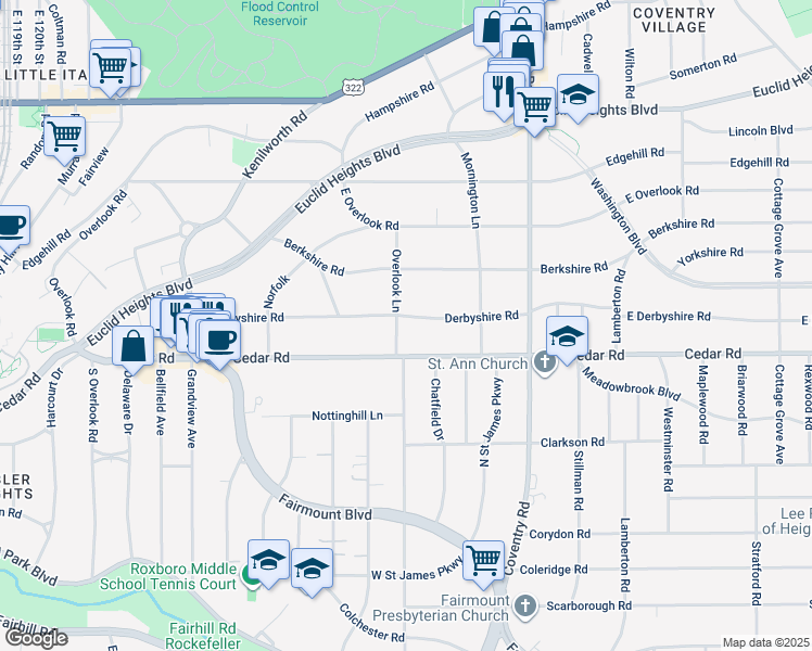 map of restaurants, bars, coffee shops, grocery stores, and more near 2660 Derbyshire Road in Cleveland Heights