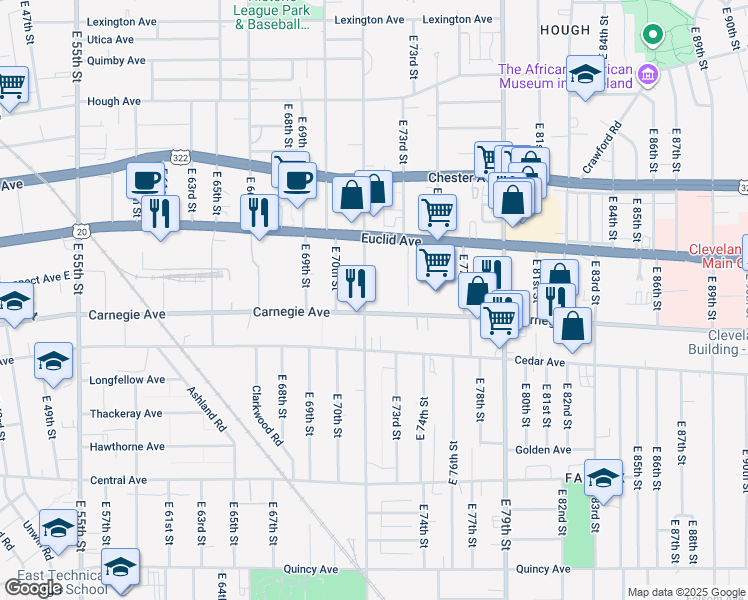 map of restaurants, bars, coffee shops, grocery stores, and more near 7101 Carnegie Avenue in Cleveland