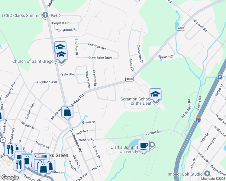 map of restaurants, bars, coffee shops, grocery stores, and more near 103 Squirrel Run in Clarks Green