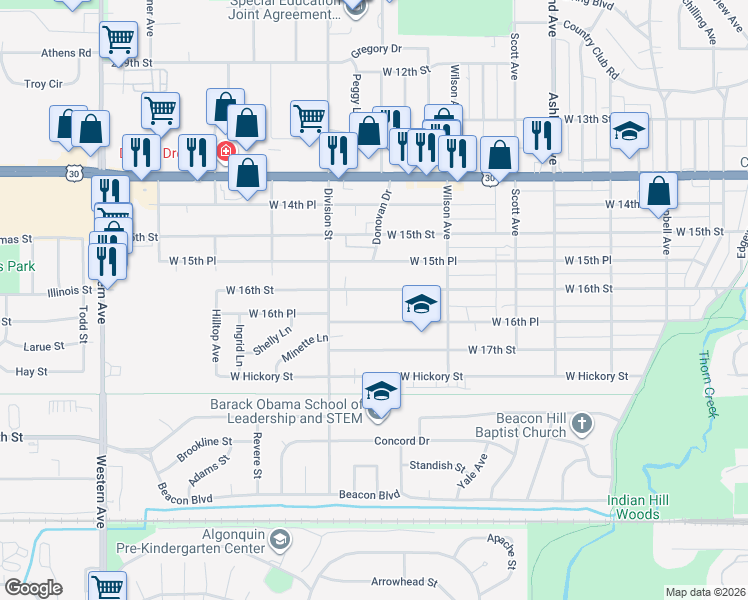 map of restaurants, bars, coffee shops, grocery stores, and more near 470 West 16th Street in Chicago Heights