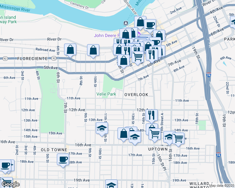 map of restaurants, bars, coffee shops, grocery stores, and more near 720 11th Street A in Moline