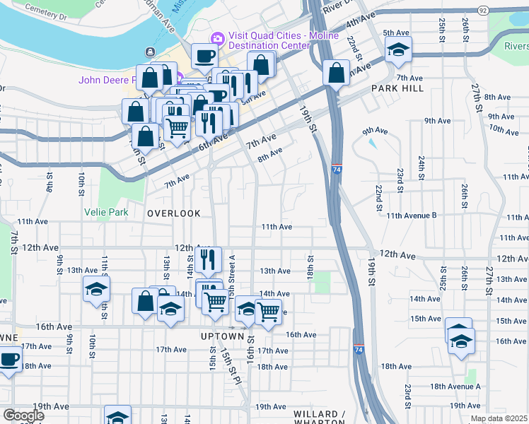 map of restaurants, bars, coffee shops, grocery stores, and more near 1619 11th Avenue in Moline