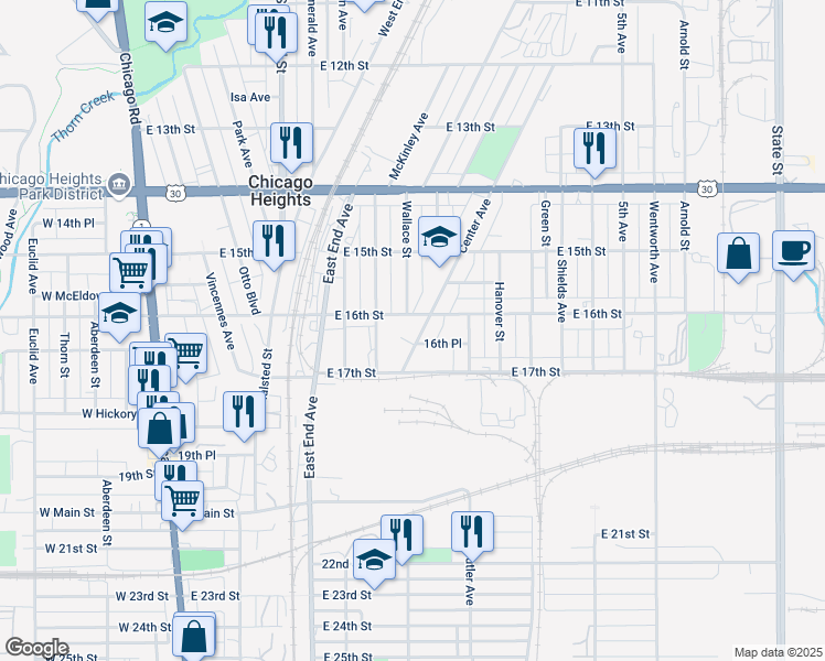 map of restaurants, bars, coffee shops, grocery stores, and more near 1613 Center Avenue in Chicago Heights