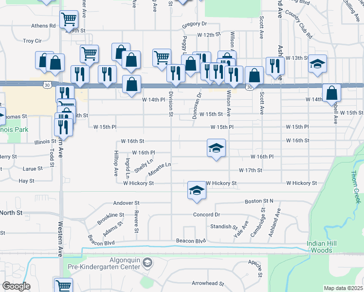map of restaurants, bars, coffee shops, grocery stores, and more near 470 West 16th Street in Chicago Heights