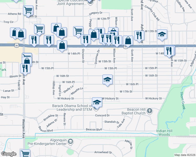 map of restaurants, bars, coffee shops, grocery stores, and more near 440 West 16th Street in Chicago Heights