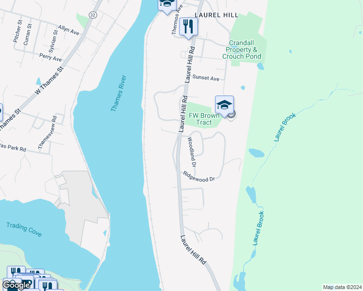 map of restaurants, bars, coffee shops, grocery stores, and more near 552 Laurel Hill Road in Norwich