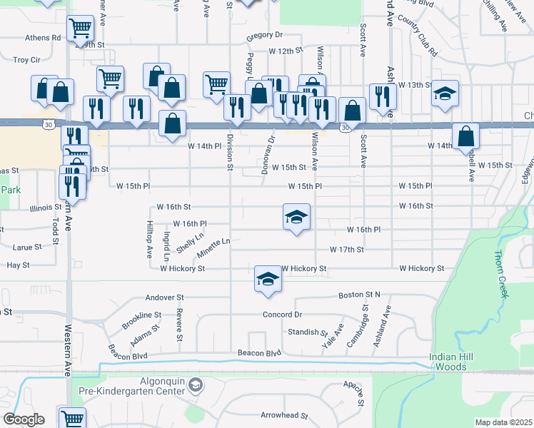 map of restaurants, bars, coffee shops, grocery stores, and more near 470 West 16th Street in Chicago Heights