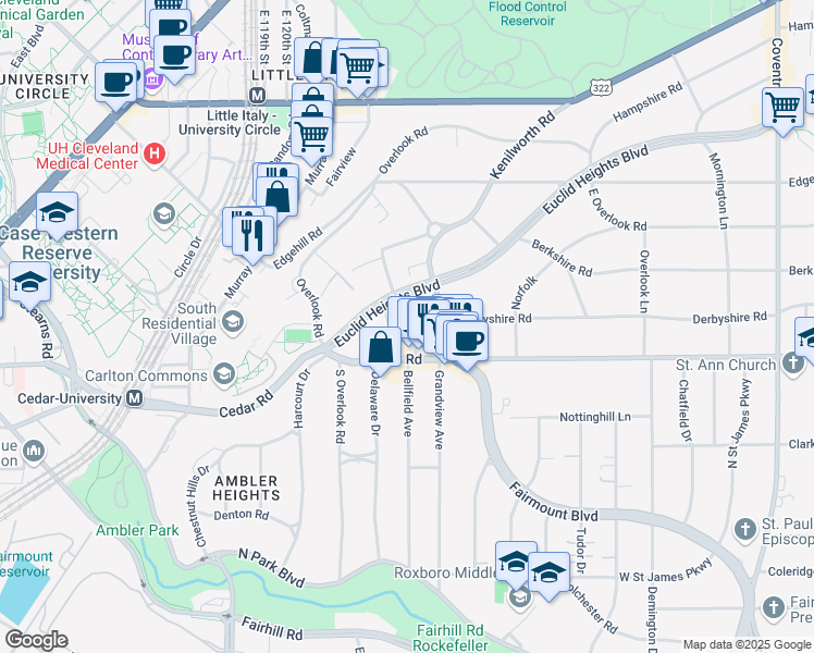 map of restaurants, bars, coffee shops, grocery stores, and more near 2104 Lennox Road in Cleveland Heights