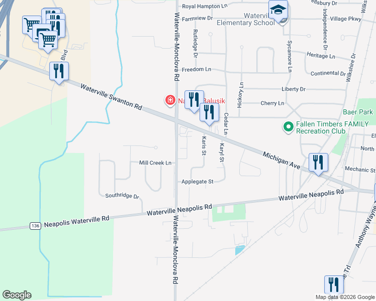 map of restaurants, bars, coffee shops, grocery stores, and more near 1027-1047 Waterville Monclova Road in Waterville