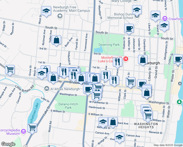 map of restaurants, bars, coffee shops, grocery stores, and more near 36 Robinson Avenue in Newburgh
