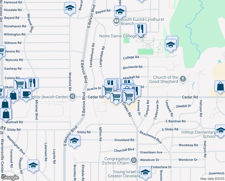 map of restaurants, bars, coffee shops, grocery stores, and more near 4422 Acacia Drive in South Euclid