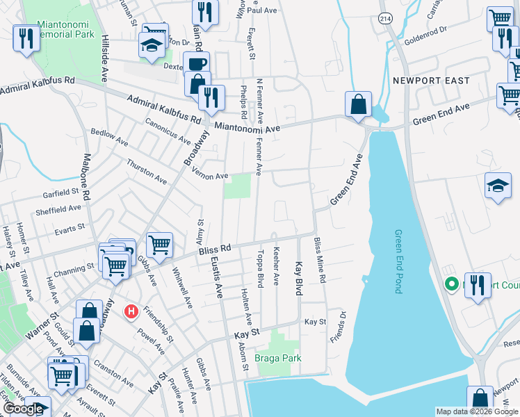 map of restaurants, bars, coffee shops, grocery stores, and more near 29 Fenner Avenue in Newport