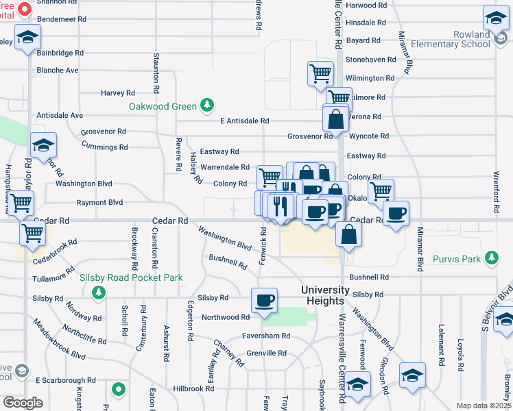 map of restaurants, bars, coffee shops, grocery stores, and more near 13829 Cedar Road in South Euclid