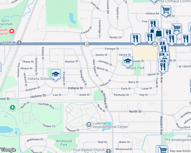 map of restaurants, bars, coffee shops, grocery stores, and more near 314 New Salem Street in Park Forest