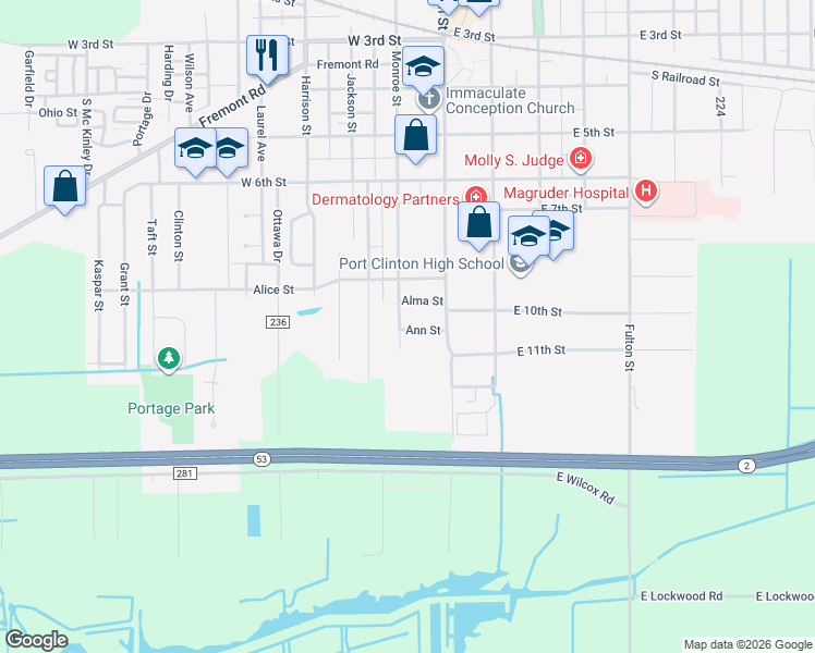 map of restaurants, bars, coffee shops, grocery stores, and more near 831 Monroe Street in Port Clinton