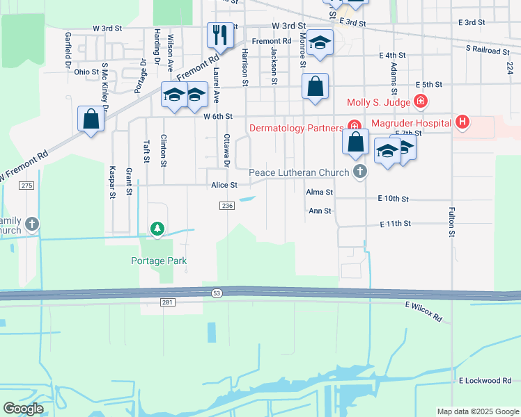 map of restaurants, bars, coffee shops, grocery stores, and more near 908 Glendale Drive in Port Clinton