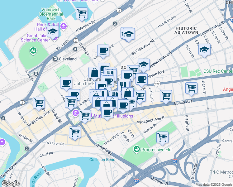 map of restaurants, bars, coffee shops, grocery stores, and more near in Cleveland